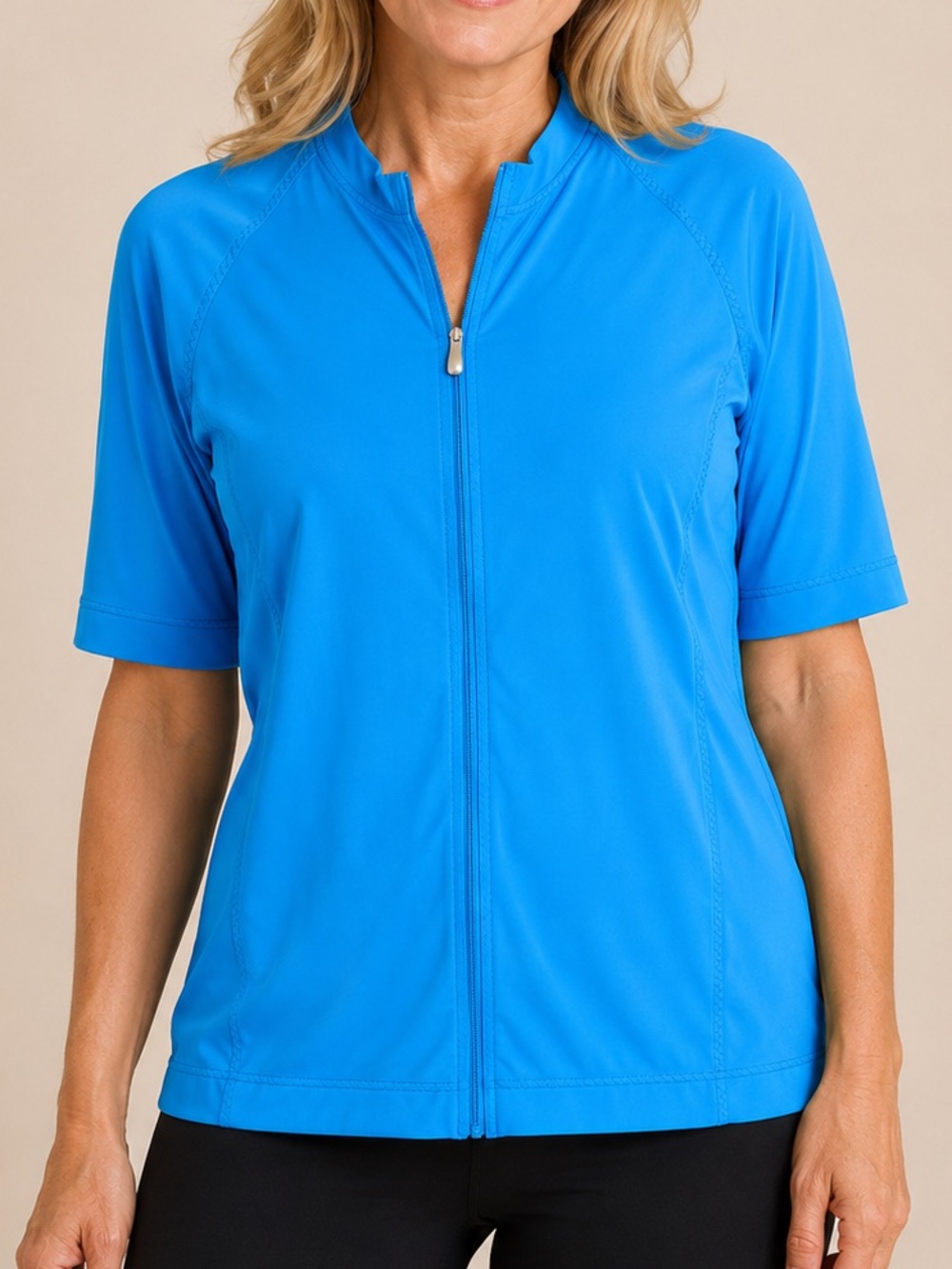 Lands’ End Blue Full Zip Up Activewear Sport Top Stretch Short Sleeve XL